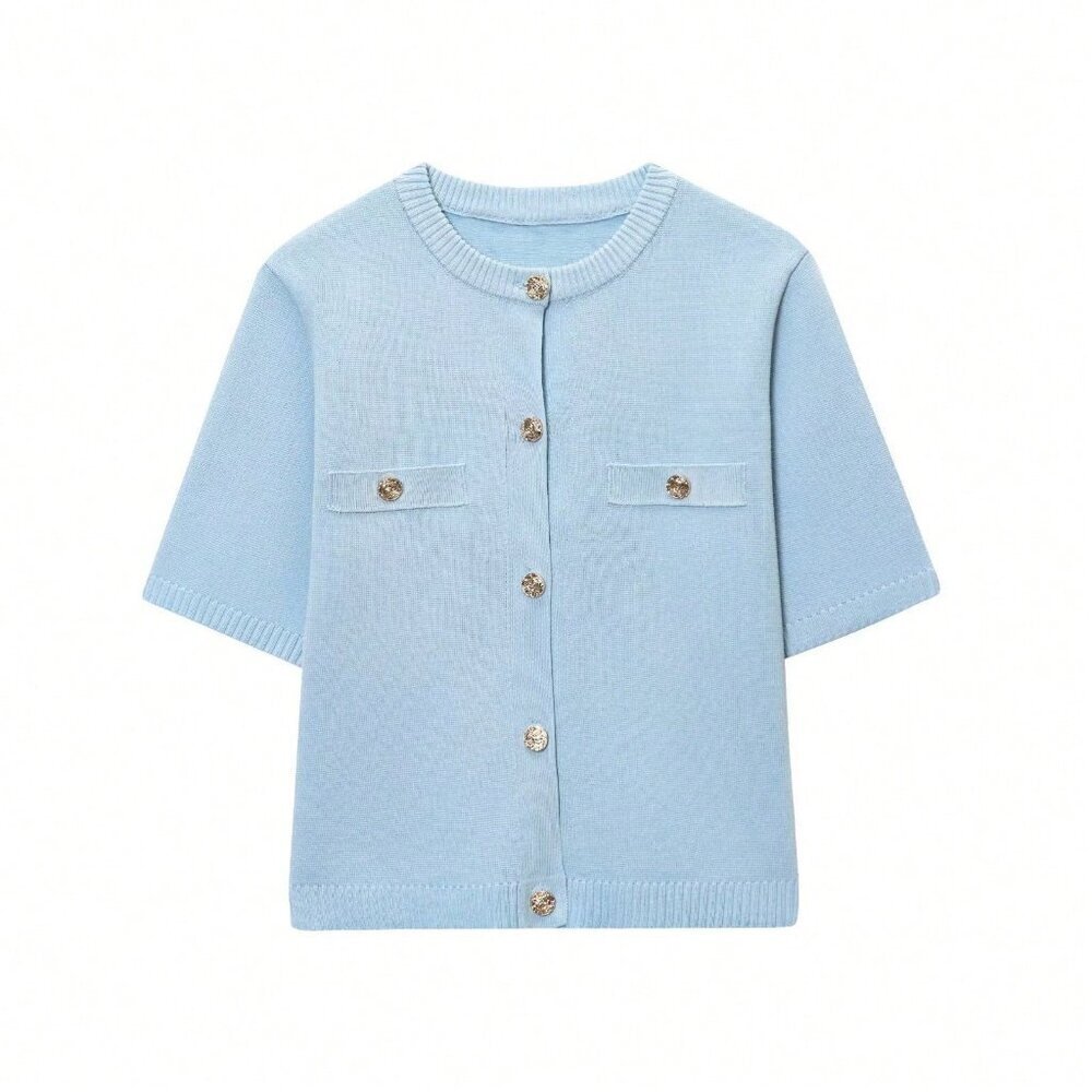Blue Casual Women's Short Sleeve Knit Top - Picture 4 of 11